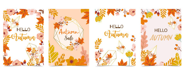 Fototapeta na wymiar Collection of autumn background set with gold geometric,leaves,flower,wreath.Vector illustration for invitation,postcard and sticker.Editable element