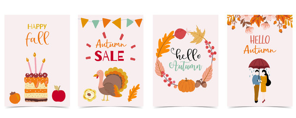 Collection of autumn background set with woman,leaves,pumpkin,wreath.Vector illustration for invitation,postcard and sticker.Editable element