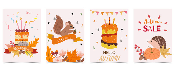 Collection of autumn background set with cake,leaves,pumpkin,squirrel.Vector illustration for invitation,postcard and sticker.Editable element