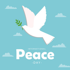  Peace day vector illustration of white dove bird on blue sky background.