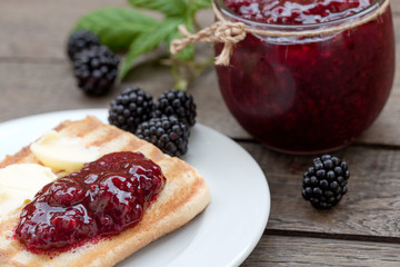 Blackberry marmalade (jam) and butter on toast 