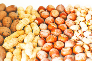 Various nuts selection: hazelnuts, pistachio and pecans in glass,space for copy or text,selective focus