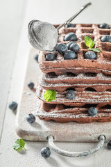 Closeup of waffles made of cocoa with berry fruits