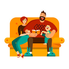 A happy family spends their leisure time together. Dad reads the story to the kid