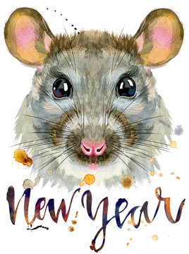 Watercolor portrait of rat with the inscription new year and splashes