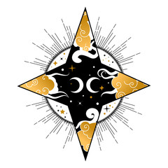 Decorative design element in boho style with star,moon and clouds.