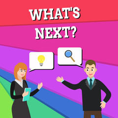 Text sign showing What S Next Question. Business photo showcasing asking demonstrating about his coming actions or behaviors Business Partners Colleagues Jointly Seeking Problem Solution Generate Idea
