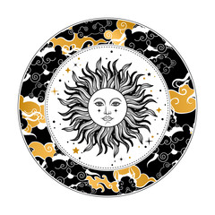 Vector illlustration of sun with clouds frame.astronomy and astrology symbol. Vintage, boho or gypsy style. Astrology and alchemy vibes.