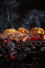 Grilled steak and corn. Top view