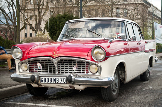 Simca Chamborg car parked on a city parking - this french car was produced from 1957 to 1961