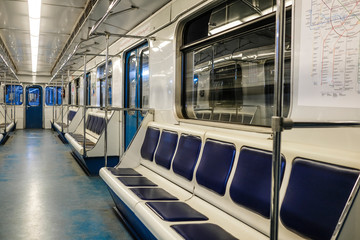 Moscow, Russia - August, 8, 2019: interior of Moscow subway carriage.