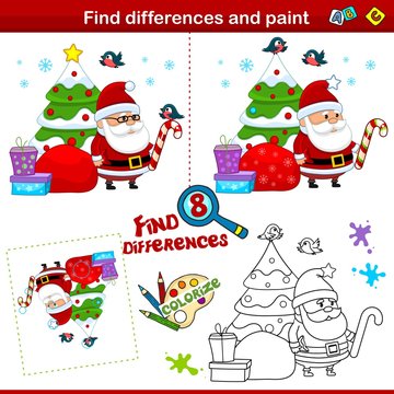 Set for children and schoolchildren. Find the difference in the picture and color it. New Year picture. Santa Claus with a Christmas tree and gifts.