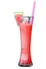 Water melon juice with ice in tall glass isolated on white background.