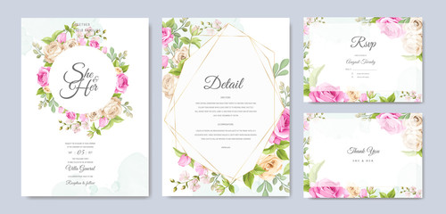 Fototapeta na wymiar wedding invitation card template with beautiful floral and leaves 