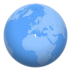 Tunisia on the globe. Earth centered at the location of the Republic of Tunisia. Map of Tunisia. Includes layer with capital cities.