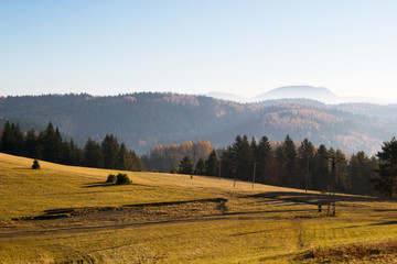 View of Low Beskids and Mountain Lackowa from Mountain Jaworzyna at sunrise - obrazy, fototapety, plakaty