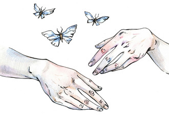 illustration of female hands, hands and butterfly