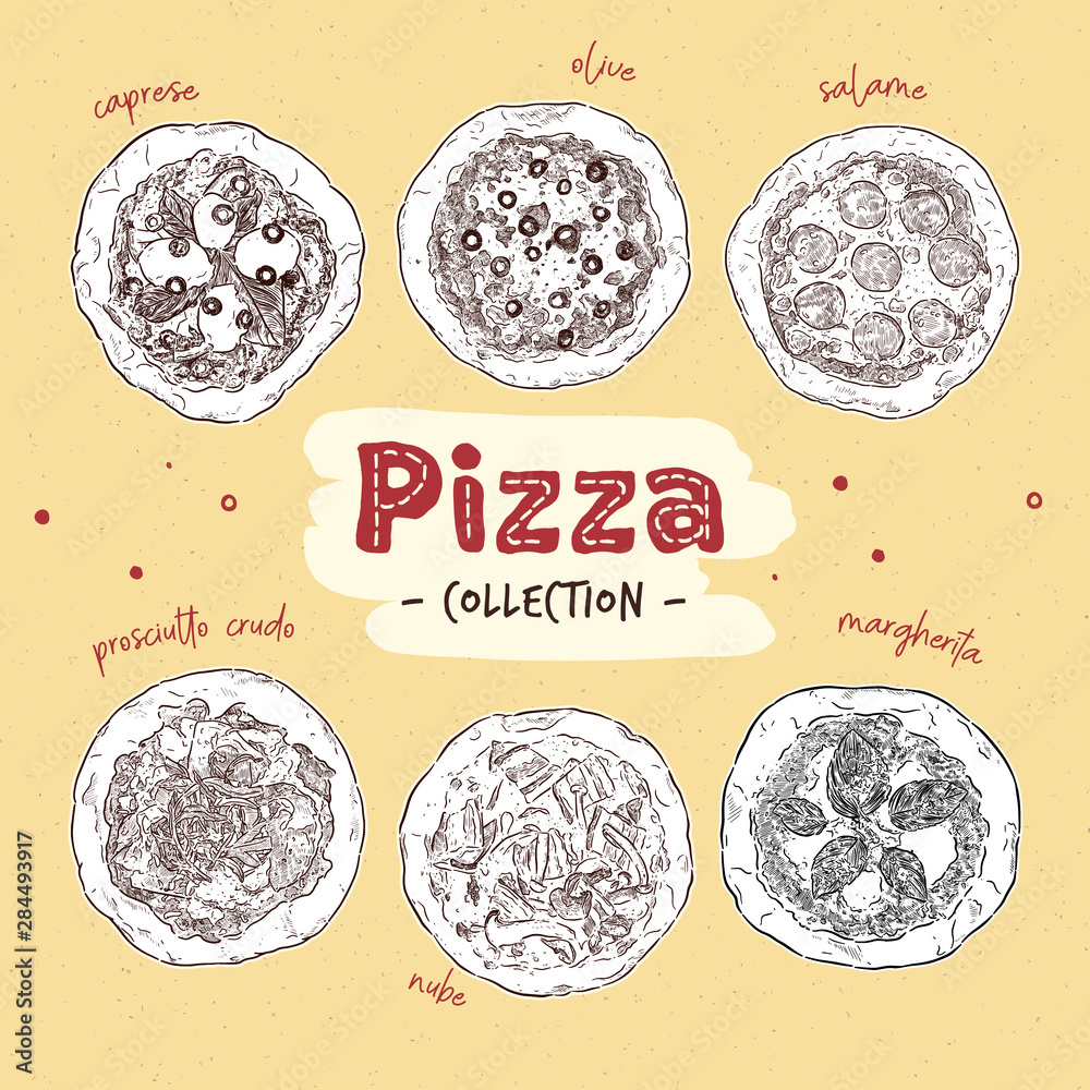 Wall mural pizza top view set with different ingredients. italian whole pizza. hand draw sketch vector.