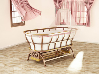 Classic style baby crib standing at the center of the room. 3D illustration