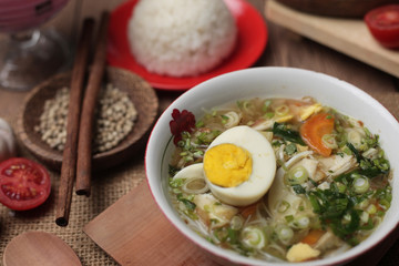 Indonesian chicken soto or soto ayam, served with white rice