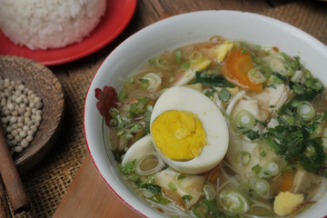 Indonesian chicken soto or soto ayam, served with white rice