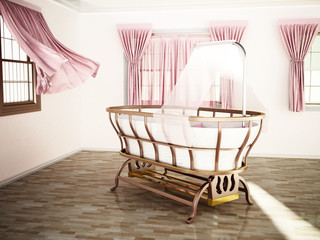 Classic style baby crib standing at the center of the room. 3D illustration
