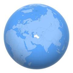 Turkmenistan on the globe. Earth centered at the location of the Republic of Turkmenistan. Map of Turkmenistan. Includes layer with capital cities.