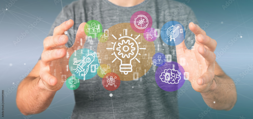 Poster cloud of colorfull start up icon bubble with data businessman holding a binary 3d rendering