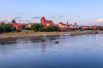 Panoramic view of Torun city and Wisla (Vistula) river at sunset. Poland, summer 2019