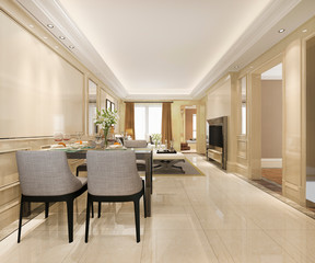 3d rendering modern dining room and living room with luxury decor