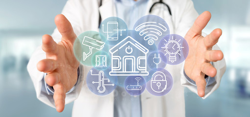 Doctor holding Smart home interface with icon, stats and data 3d rendering