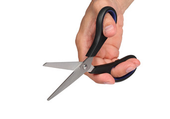 scissors in hand isolated on white background