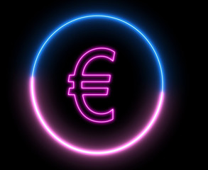 Neon EURO money symbol. Inside swirling neon round, Euro sign. 