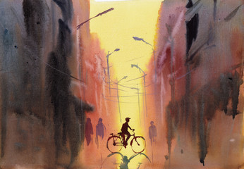 bicycle city scene watercolor illustration hand drawn