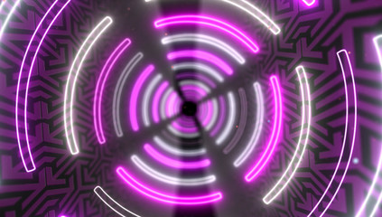 Abstract creative neon, led tunnel with round, circular shapes. Futuristic floor, hall, stage with rotating perspective.