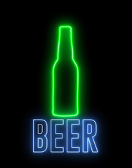 Neon light of a bottle beer and text of "BEER". Concept of drinking alchol, bar or club signboard. Retro design. 