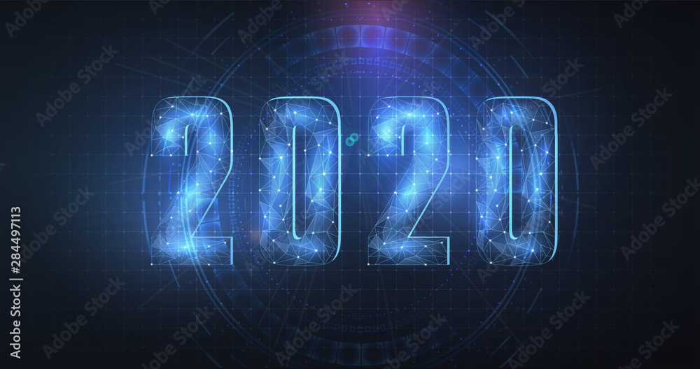 Aufkleber happy new 2020 year. vector holiday illustration. wireframe neon numbers 2020. new years 2020 form l