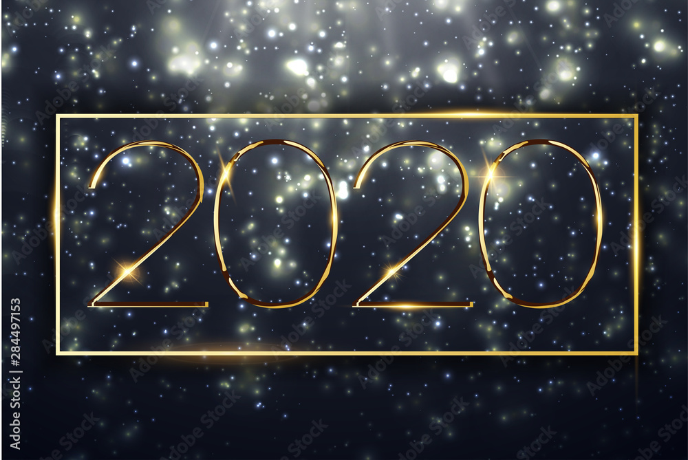 Poster happy new year 2020 text design. vector greeting illustration with golden numbers and fireworks. par