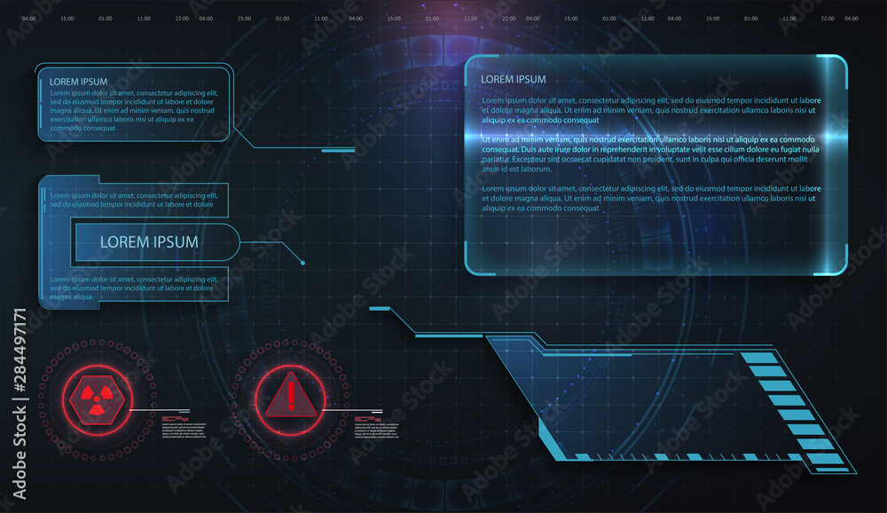 Poster HUD, UI, GUI futuristic frame user interface screen elements set. Set with call outs communication. Abstract control panel layout design. Virtual hi Scifi technology gadget interface for game app