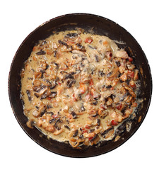 Cooking Mushroom Sauce with Bacon. Isolated with clipping path.