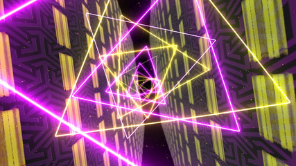 Futuristic neon triangular tunnel. Glowing led light and moving, rotating camera. Magnificent 3D rendering.