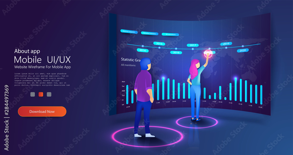 Fototapete people build a dashboard and interact with graphs. modern flat design isometric concept of data anal