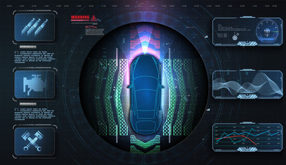 Hologram car style in HUD, UI, GUI. Hardware Diagnostics. Futuristic car service, scanning and auto data analysis. Car auto service, modern design, dagnostic auto.Concept for driver assistance systems