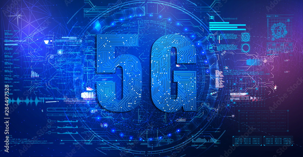 Poster 5g technology with circuit board is background. 5g network wireless systems. interface set for gui, 