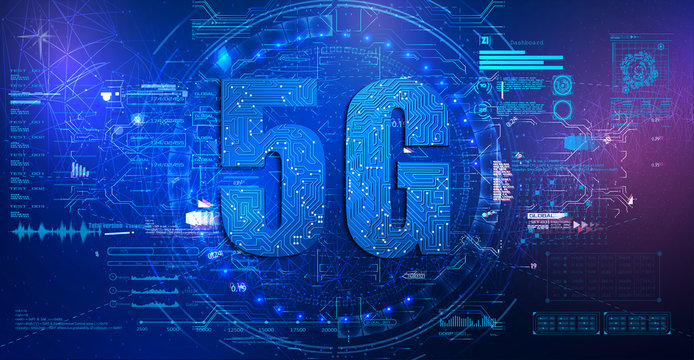5G technology with circuit board is background. 5G network wireless systems.  Interface set for GUI, UI, UX design. HUD style. Technology elements. Futuristic virtual graphic touch user interface.