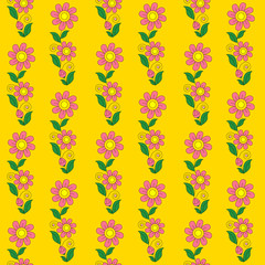 On a yellow background are pink flowers with green leaves and a bud.