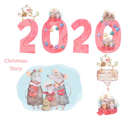 Cute cartoon christmas rat mouse christmas card. Watercolor hand drawn animal illustration. New Year 2020 holiday drawing. Colorful rats and candlelight, wood frame for greeting card
