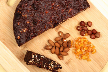 Chocolate Cake. Fruitcake Panforte is a traditional Italian dessert containing fruits and nuts.