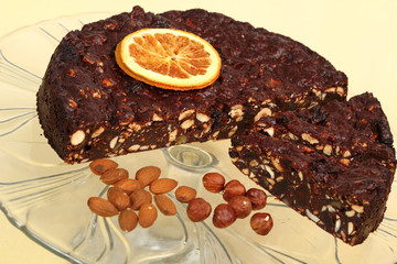 Chocolate Cake. Fruitcake Panforte is a traditional Italian dessert containing fruits and nuts.
