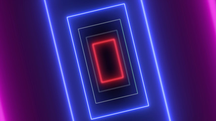 Abstract creative neon square floor. Led and colorful lights, room or portal background. 